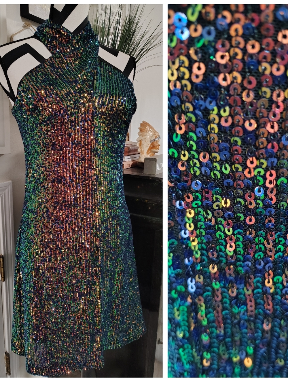 Caché Sequin Halter Mini Dress Iridescent Women's XS Mermaidcore Retro Stretch